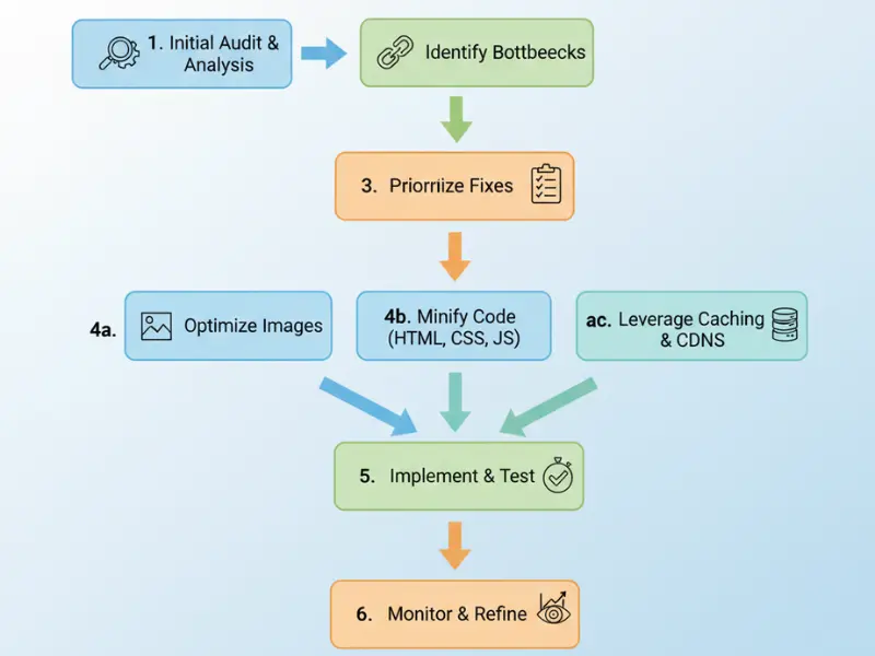 Step-by-step website optimization process: frontend, backend, mobile optimization.